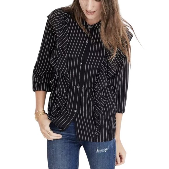 Madewell Tops - Madewell Size XL Black & White Pinstripe Silk Ruffle Front Button Blouse Top